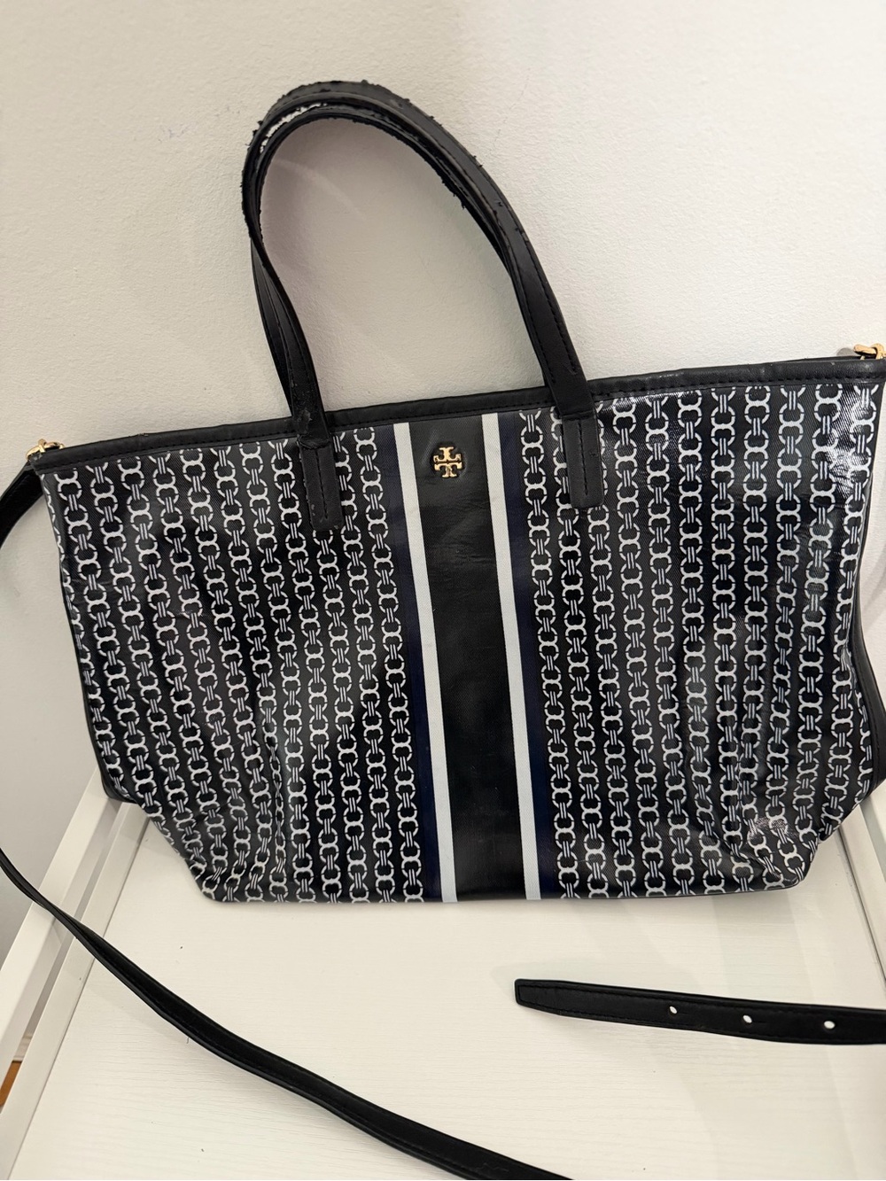 Tory Burch Black and White Logo-Print Tote